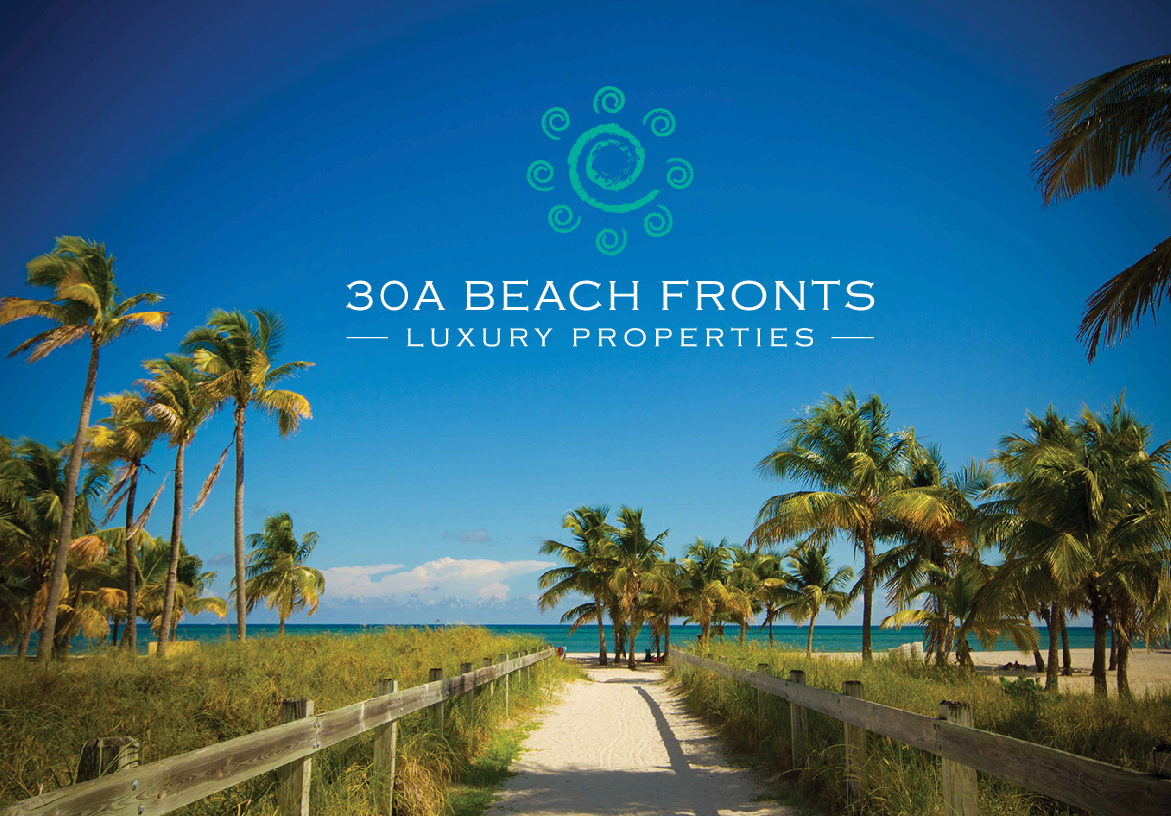 Scenic view of a beach boardwalk with palm trees and blue sky, overlaid with the 30A Beach Fronts Luxury Properties branding.