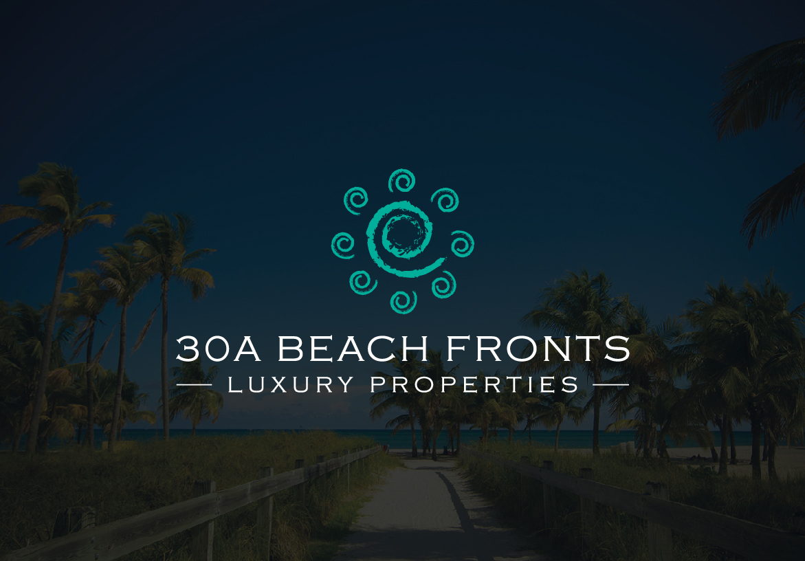 Official logo design for 30A Beach Fronts - Luxury Properties, featuring a teal spiral icon and elegant typography on a premium dark background.