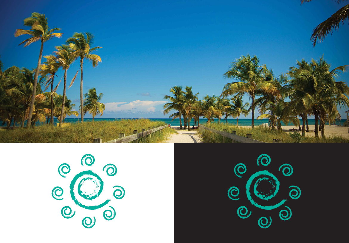 Brand identity showcase for 30A Beach Fronts displaying a sunny Florida beach with palm trees alongside the logo on white and black backgrounds.