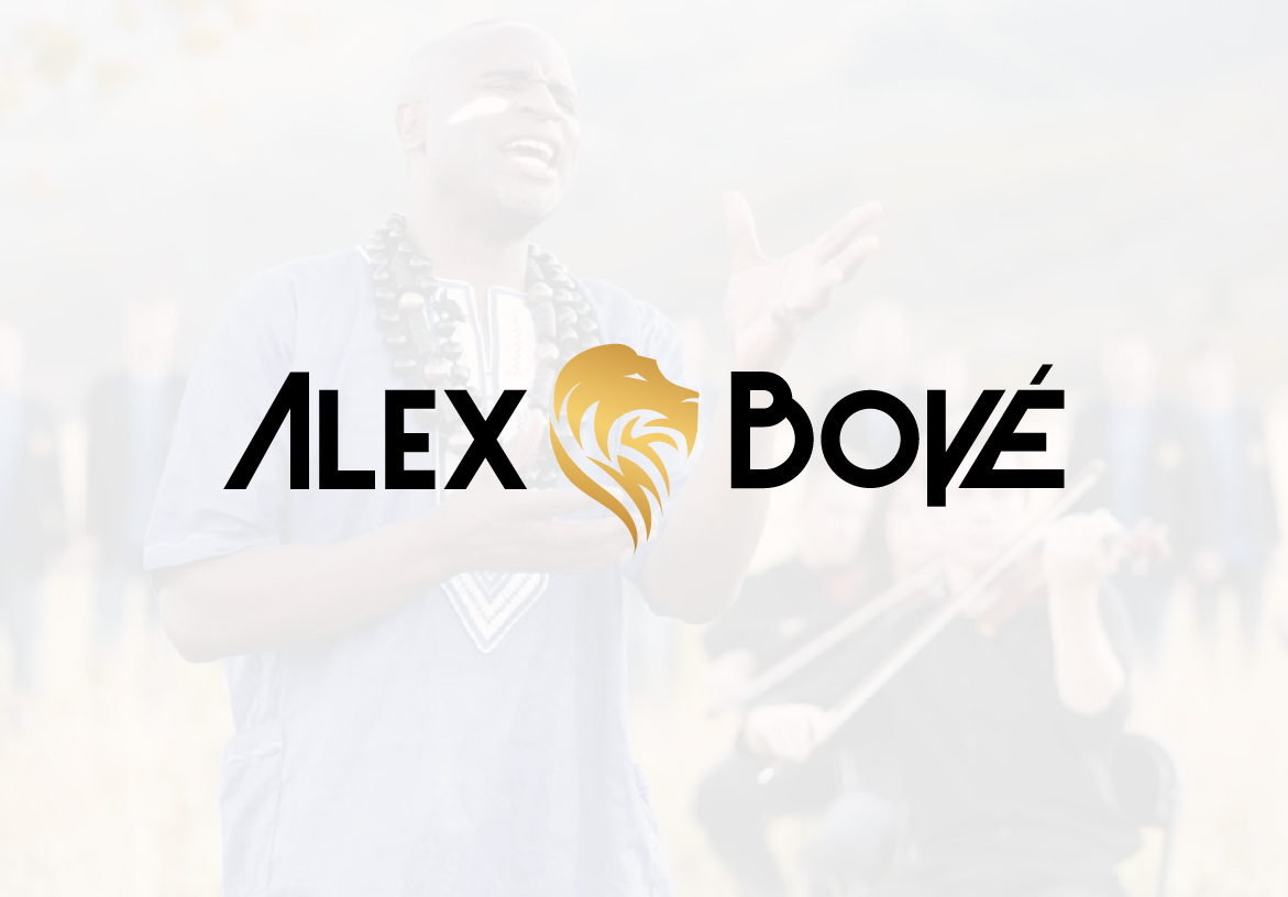 Official logo design for British-American artist Alex Boyé, featuring bold black typography and a golden lion icon to represent strength and heritage.