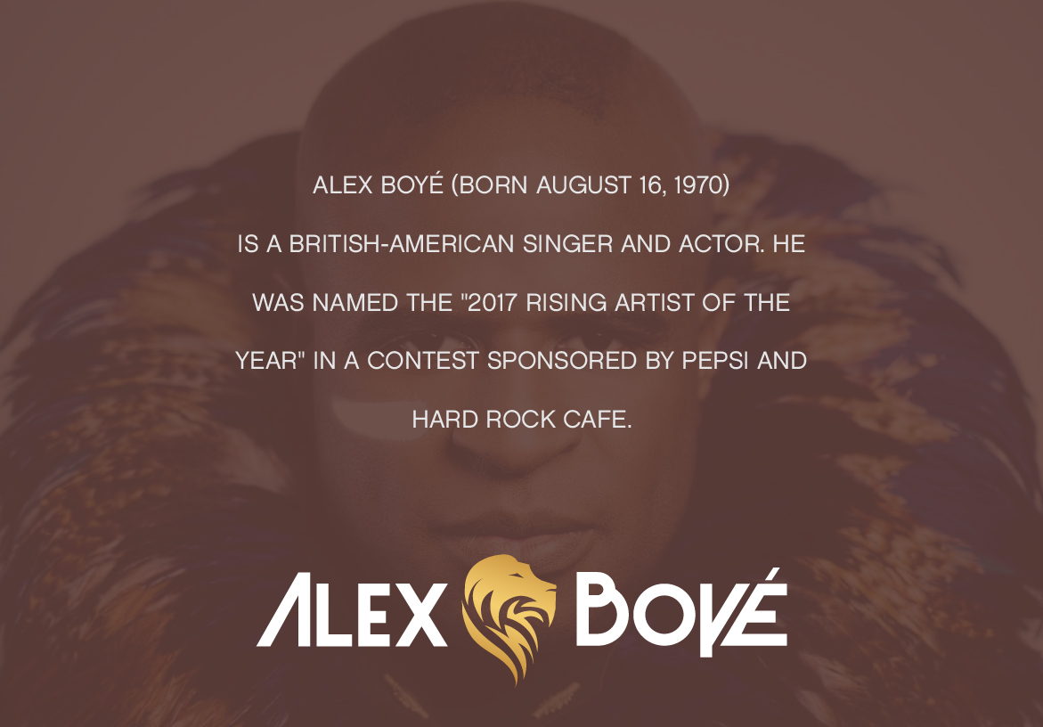 Portrait of Alex Boyé with bio text highlighting his '2017 Rising Artist of the Year' award sponsored by Pepsi and Hard Rock Cafe.