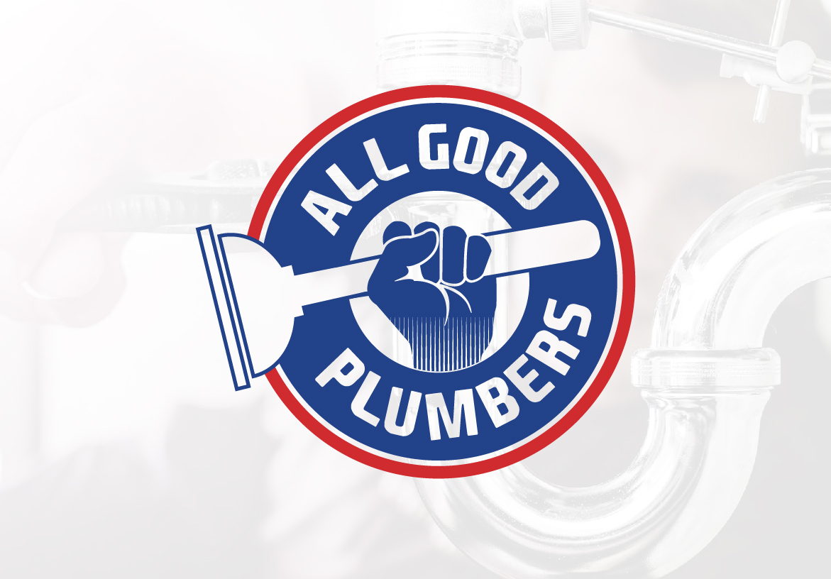 Official logo design for All Good Plumbers, a family-owned business in Palm Beach County, featuring a patriotic red, white, and blue badge.