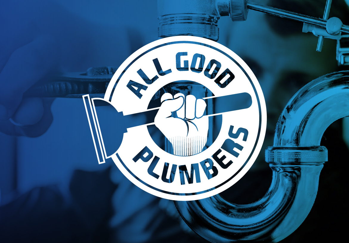 All Good Plumbers logo featuring a strong fist holding a pipe wrench, overlaid on a blue-tinted background of a plumber repairing a sink.