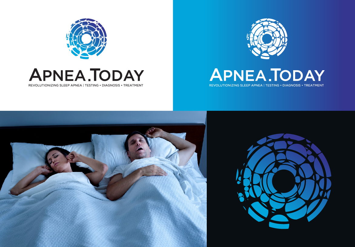 Brand identity collage for Apnea Today showing a restless couple in bed, paired with logo variations on white, blue, and black backgrounds.