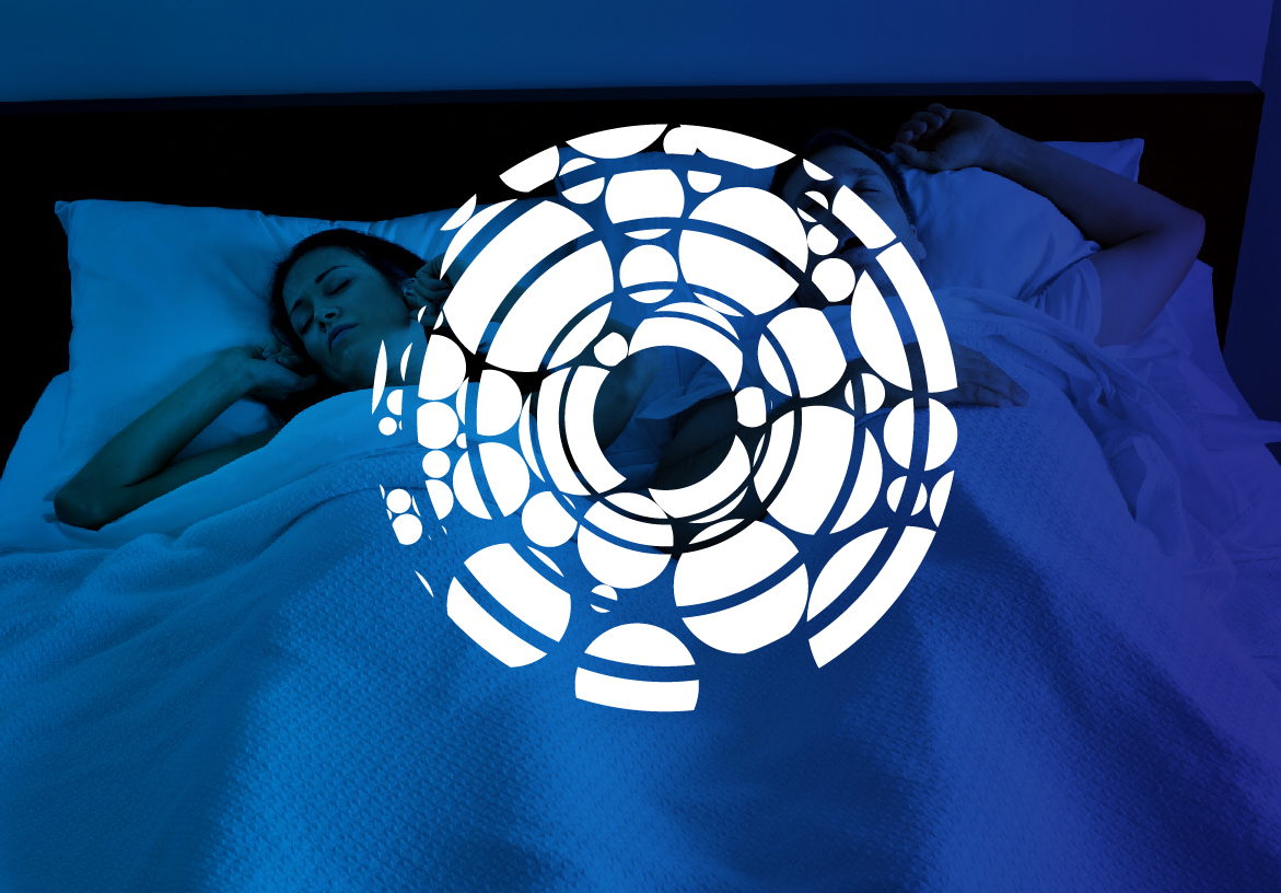 White Apnea Today logo icon, resembling stylized airway cells, overlaid on a blue night-time photo of a woman sleeping peacefully.