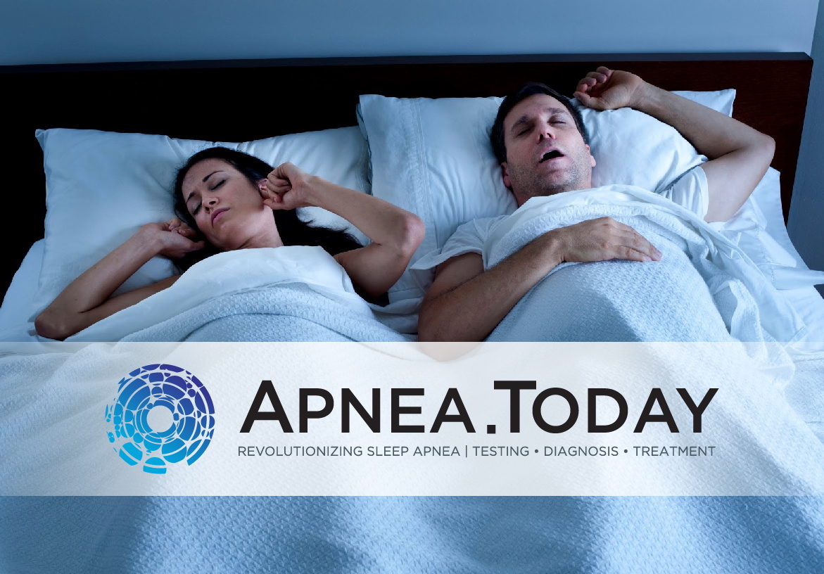 Marketing banner for Apnea Today displaying the logo over a photo of a couple sleeping, representing successful sleep apnea treatment and diagnosis.
