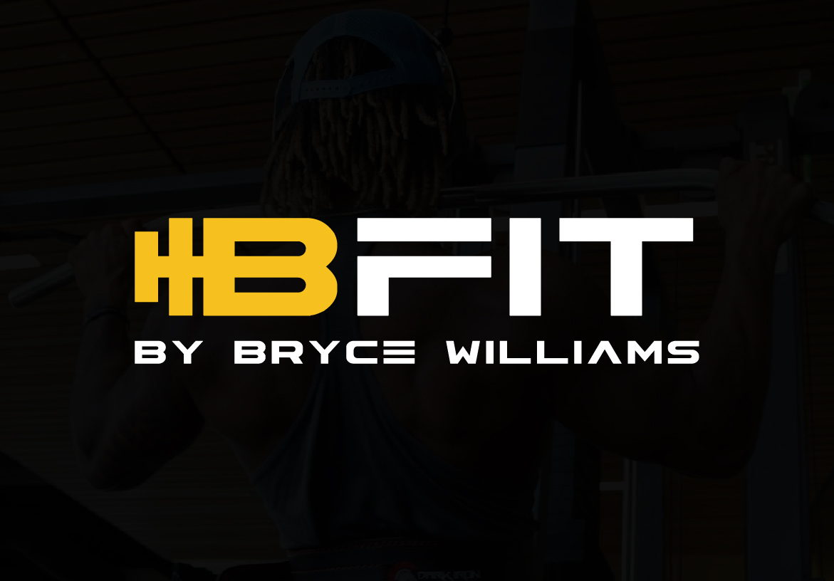 Official logo branding for B-FIT by Bryce Williams, featuring bold white typography and the yellow dumbbell icon on a black background.