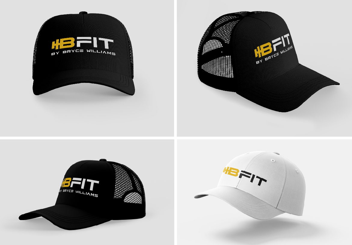 Custom branded merchandise design for B-FIT, featuring black and white trucker hats with the embroidered yellow dumbbell logo.