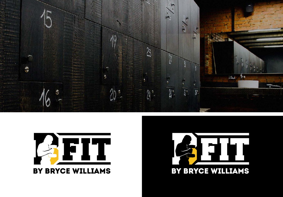 Gym interior branding concept showing the B-FIT logo painted on the wall of a dark, industrial-style locker room.