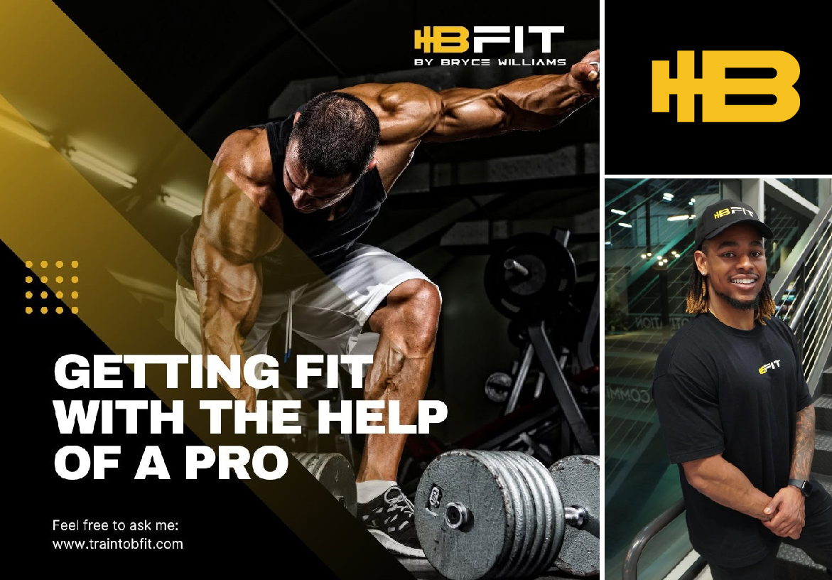 Marketing graphic for B-FIT featuring a high-intensity weightlifting action shot and the text 'Getting fit with the help of a pro'.