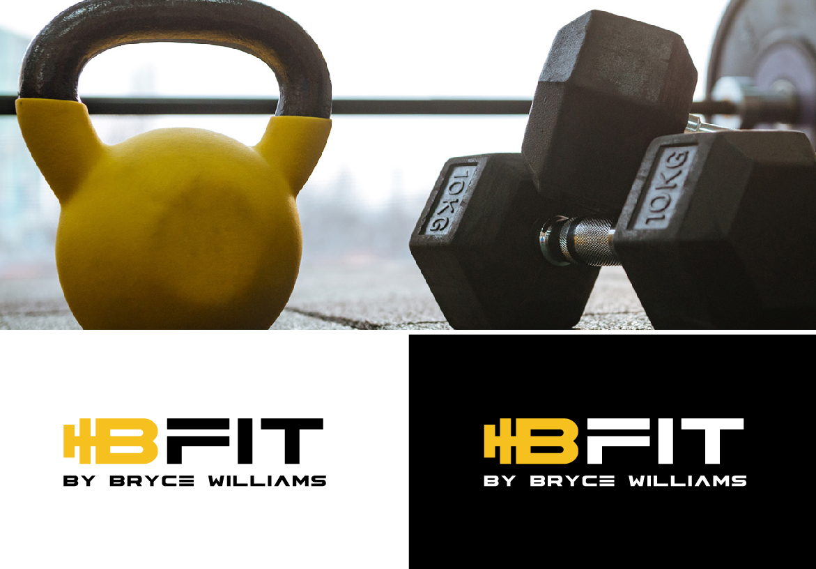 Heavy gym equipment including a yellow kettlebell and dumbbells, displayed alongside the B-FIT brand identity color blocks.