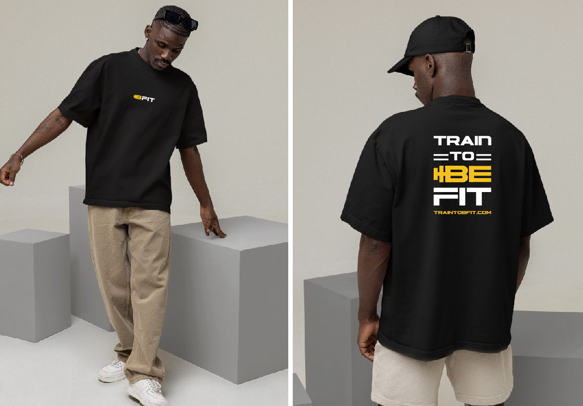 Streetwear-style athletic apparel design for B-FIT, showing a model wearing an oversized black t-shirt with bold back typography.