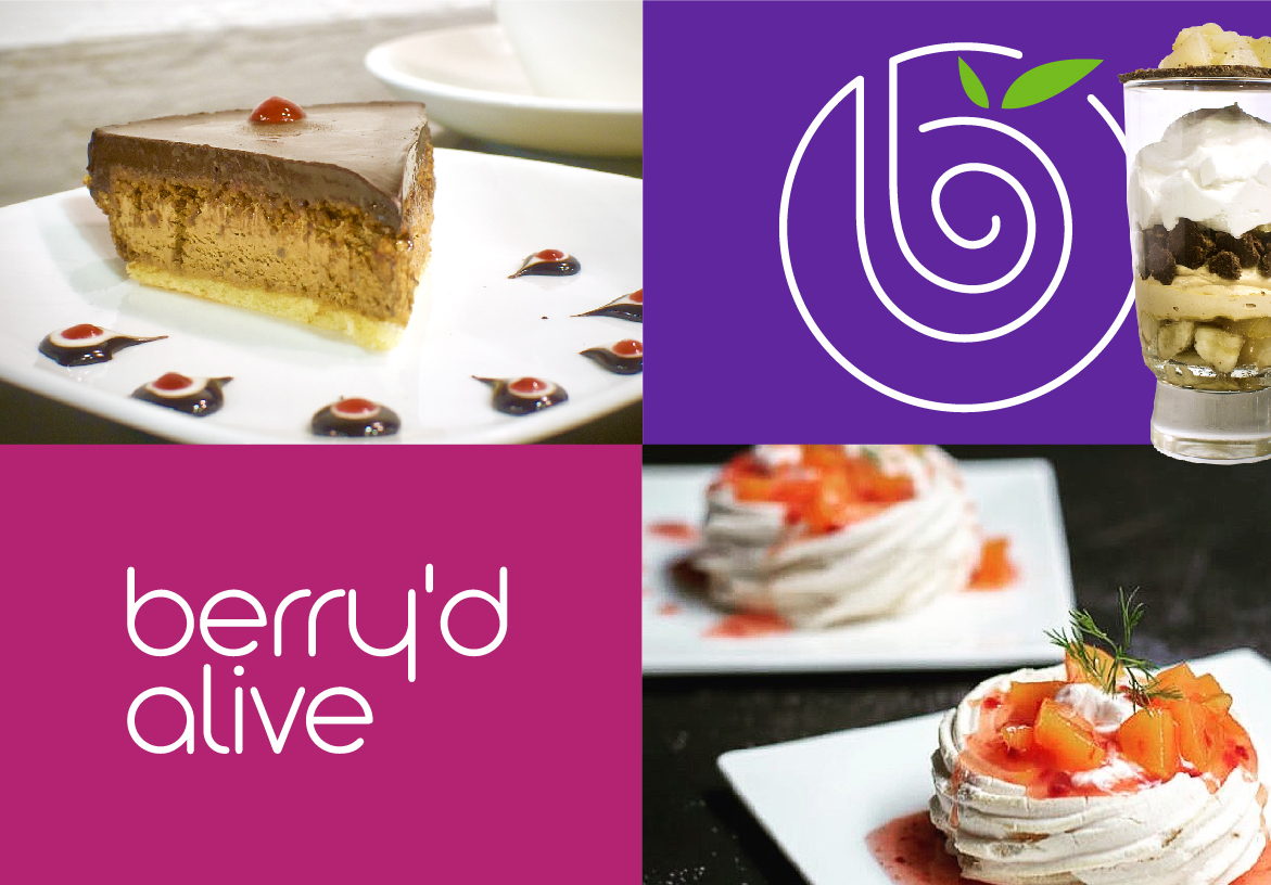 Collage showcasing Berry'd Alive's premium menu items including chocolate cake and pavlova, juxtaposed with the brand's bold purple and pink visual identity.