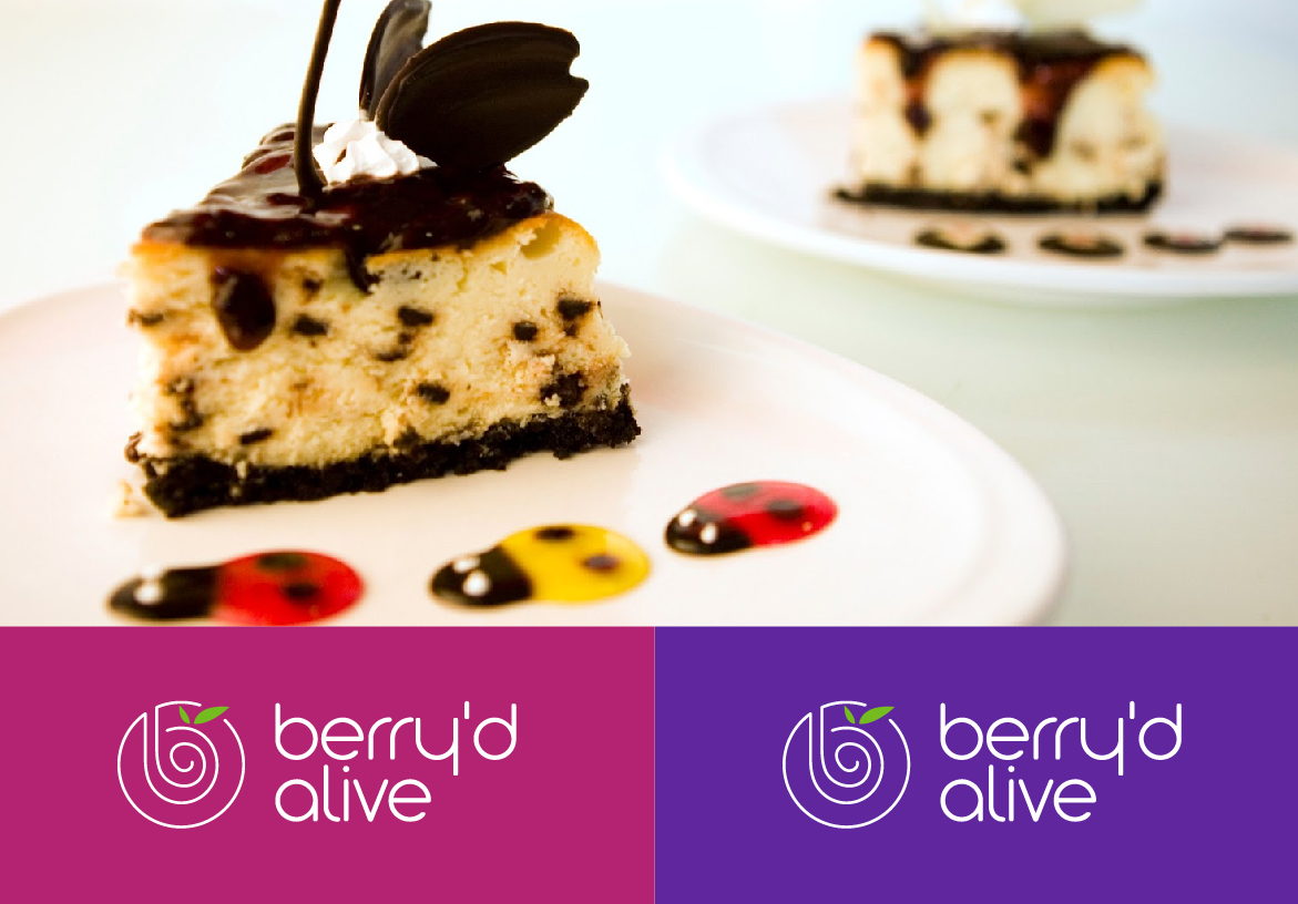 Slice of premium Oreo cheesecake with decorative ladybug sauce art, displayed above a purple banner featuring the Berry'd Alive logo.