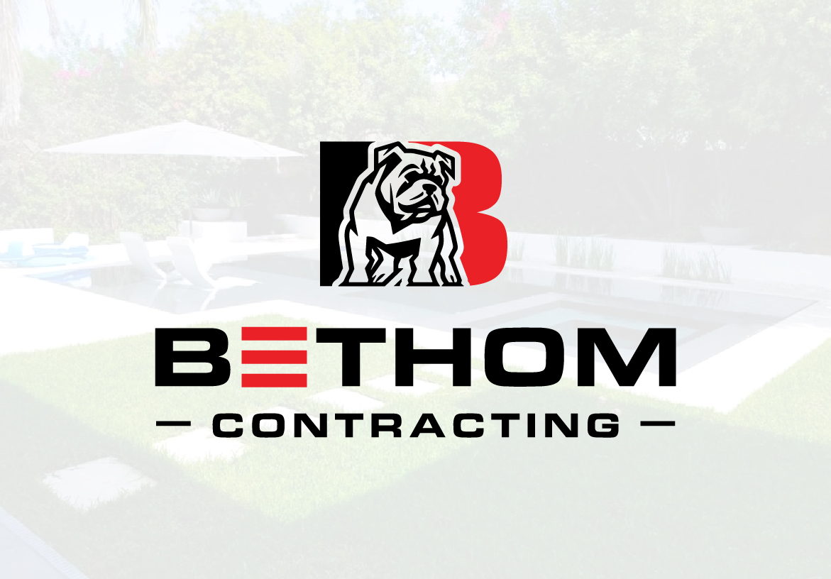 Official logo design for Bethom Contracting, featuring a bold bulldog mascot and red 'B', representing strength and reliability in home restoration.