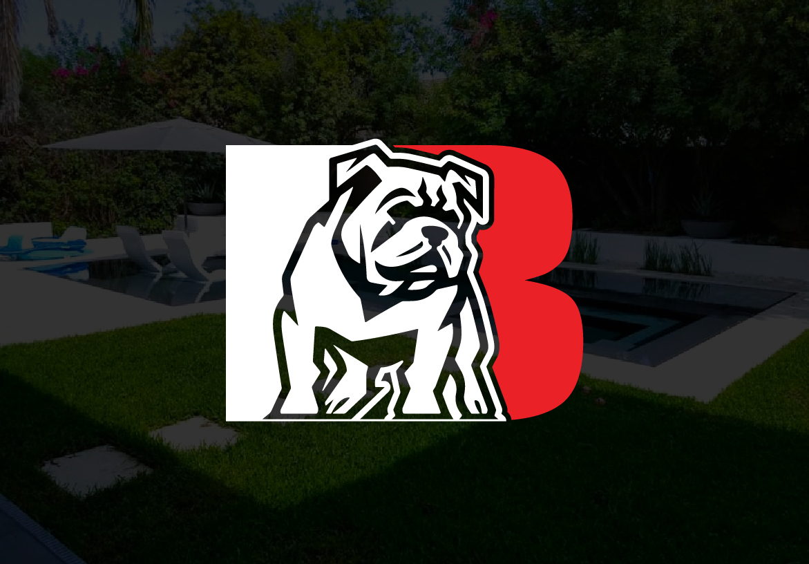 Bethom Contracting logo featuring a stylized white bulldog and red letter 'B', overlaid on a luxury backyard pool remodel project in Phoenix.