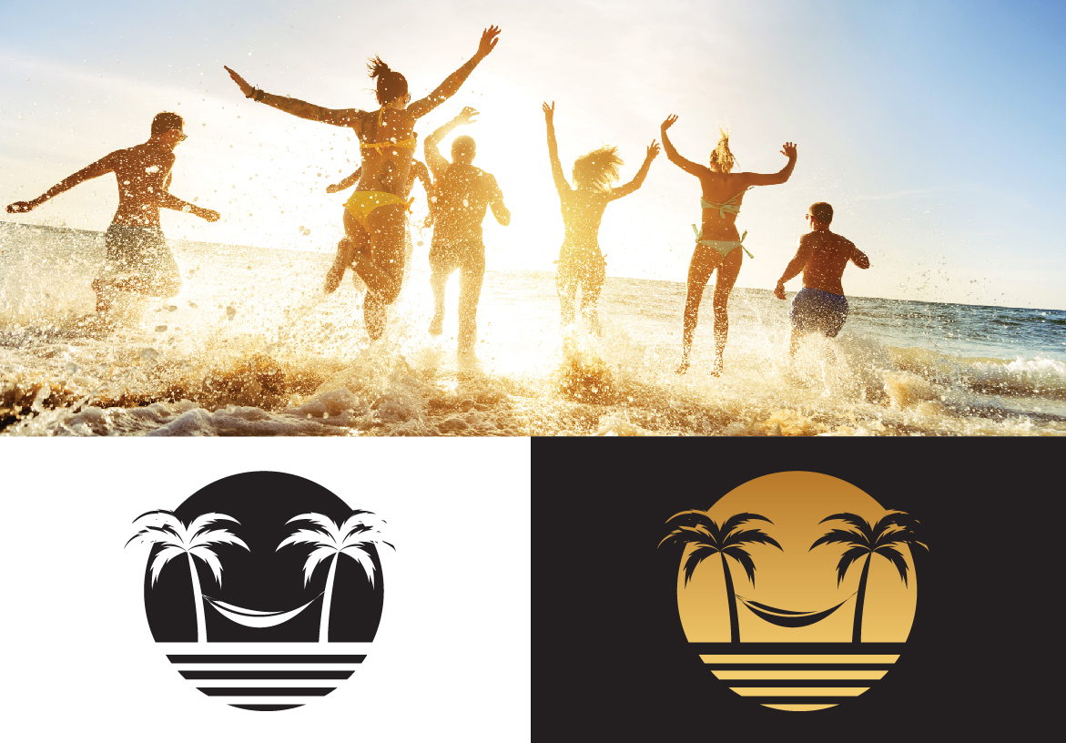 Brand identity collage for Better Life Tribe showing a happy group running on a Hawaii beach, paired with gold and white logo variations representing financial freedom and health.