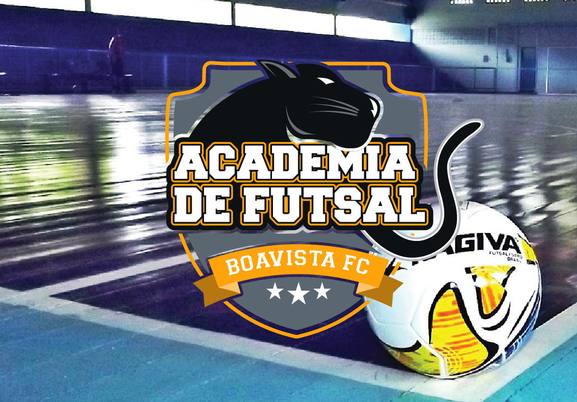 Boavista Futsal Academy branding displayed on a professional indoor court floor, highlighting the panther mascot logo next to a match ball.