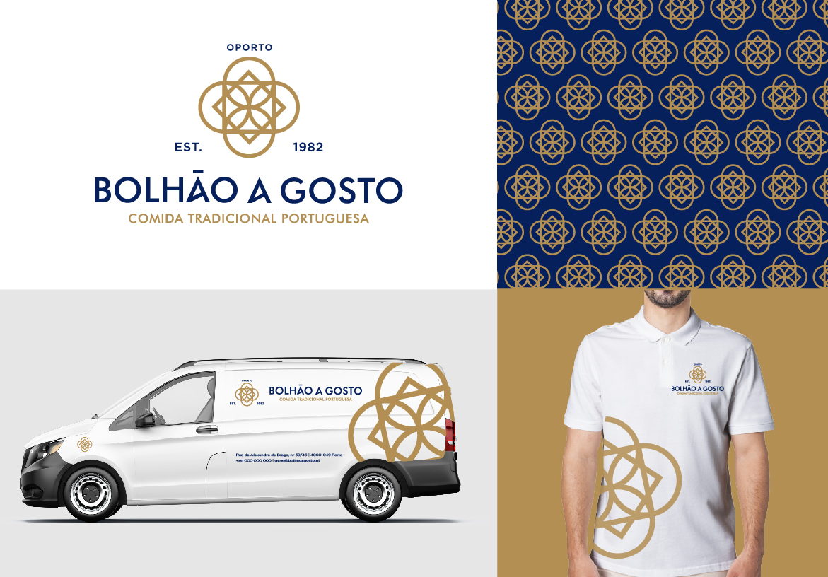 Branding mockups for Bolhão A Gosto including a branded delivery van and staff polo shirts featuring the signature gold tile-inspired pattern.