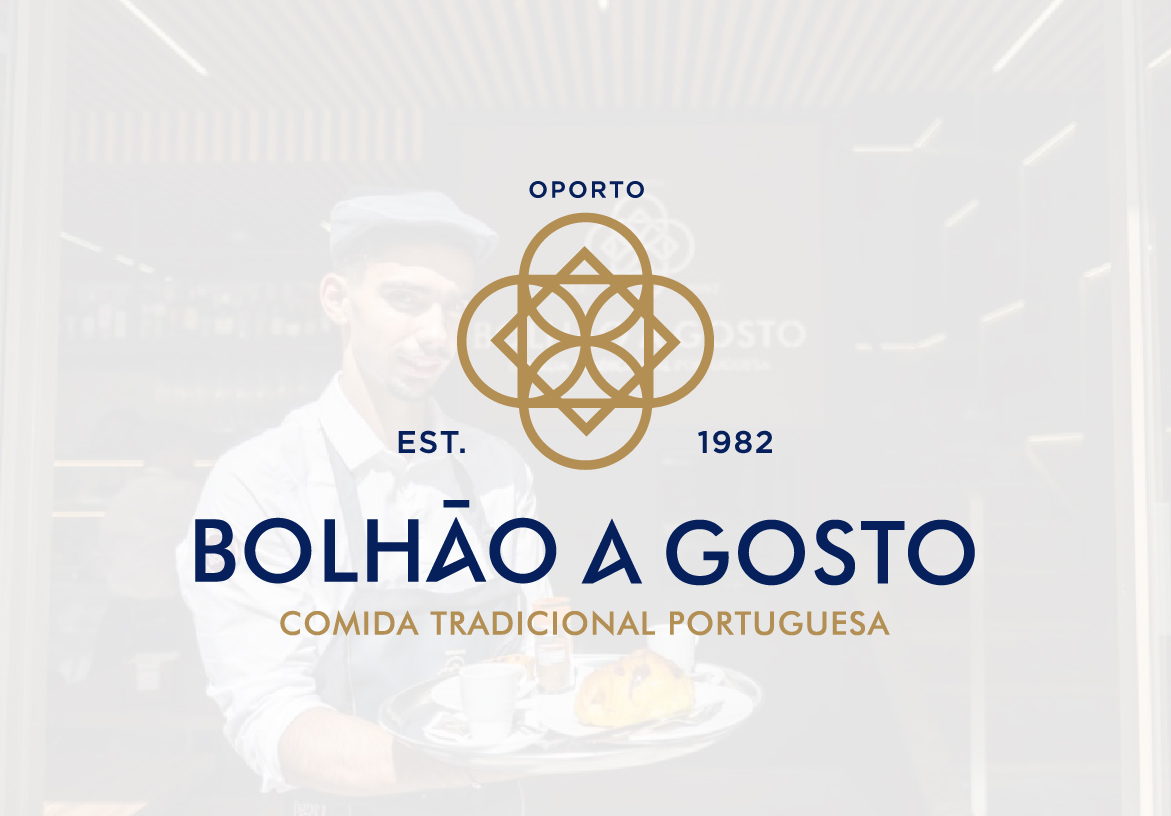 Official logo design for Bolhão A Gosto featuring intricate gold ornamental details and the text 'Comida Tradicional Portuguesa'.