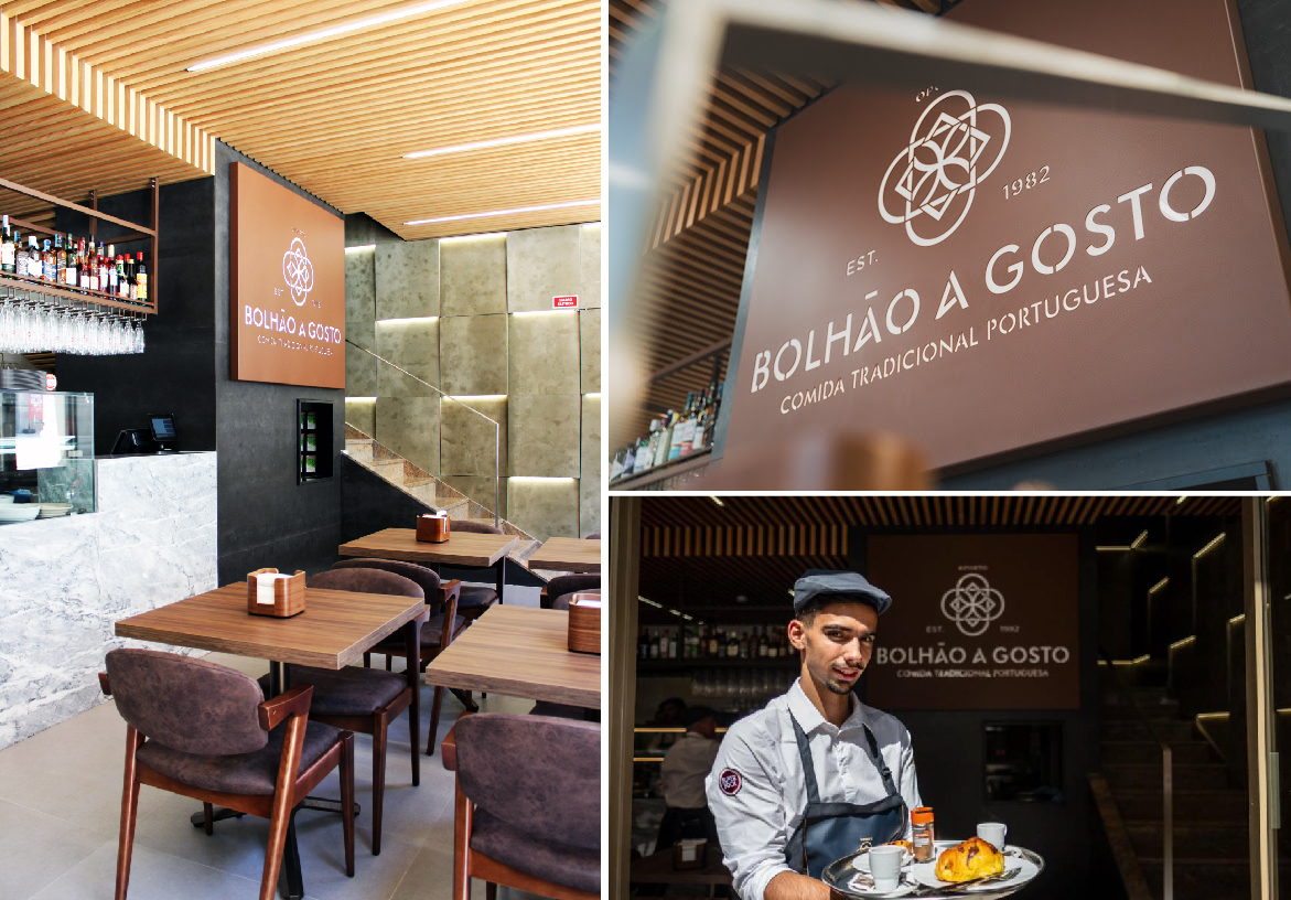Collage showcasing the warm interior atmosphere and staff of Bolhão A Gosto, highlighting the blend of modern design and traditional Portuguese charm.