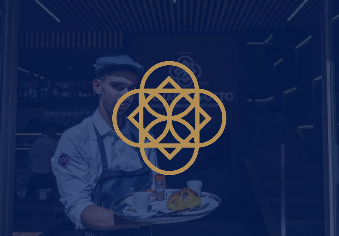 Gold ornamental logo for Bolhão A Gosto overlaid on a deep blue image of a waiter serving traditional Portuguese food in Porto.