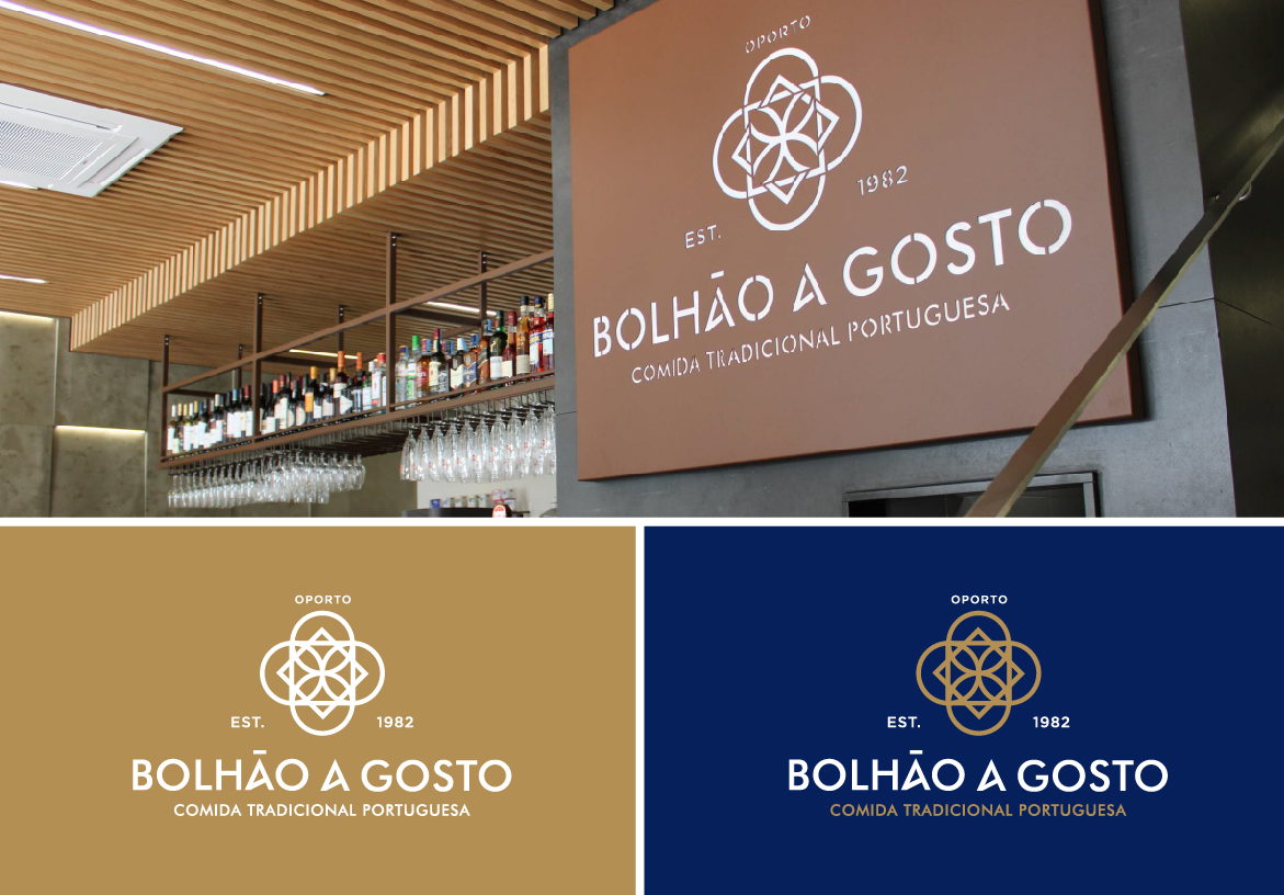 Modern interior of Bolhão A Gosto restaurant showing the wooden ceiling details and the brand's logo displayed prominently on the wall.