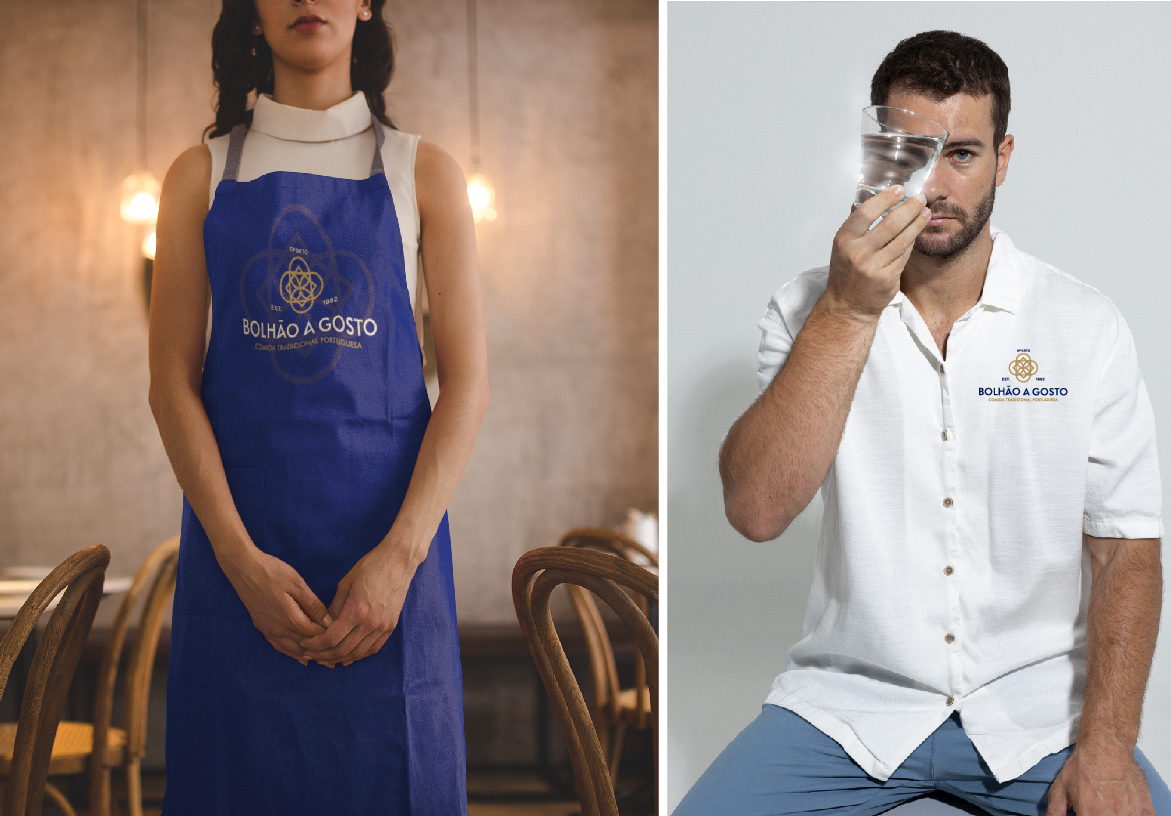 Restaurant staff wearing the branded blue apron of Bolhão A Gosto, representing the professional and authentic service of the venue.