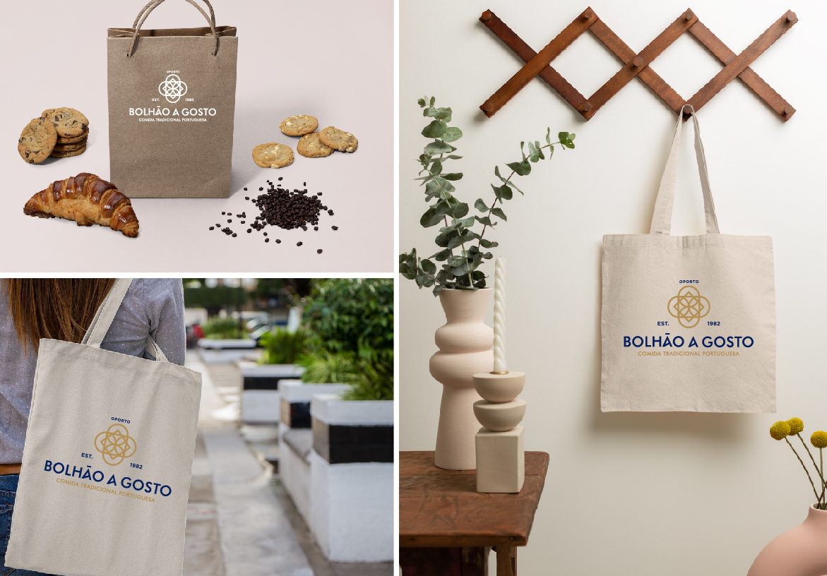 Eco-friendly takeaway packaging and paper tote bags for Bolhão A Gosto, branded with the restaurant's logo and traditional Portuguese aesthetic.