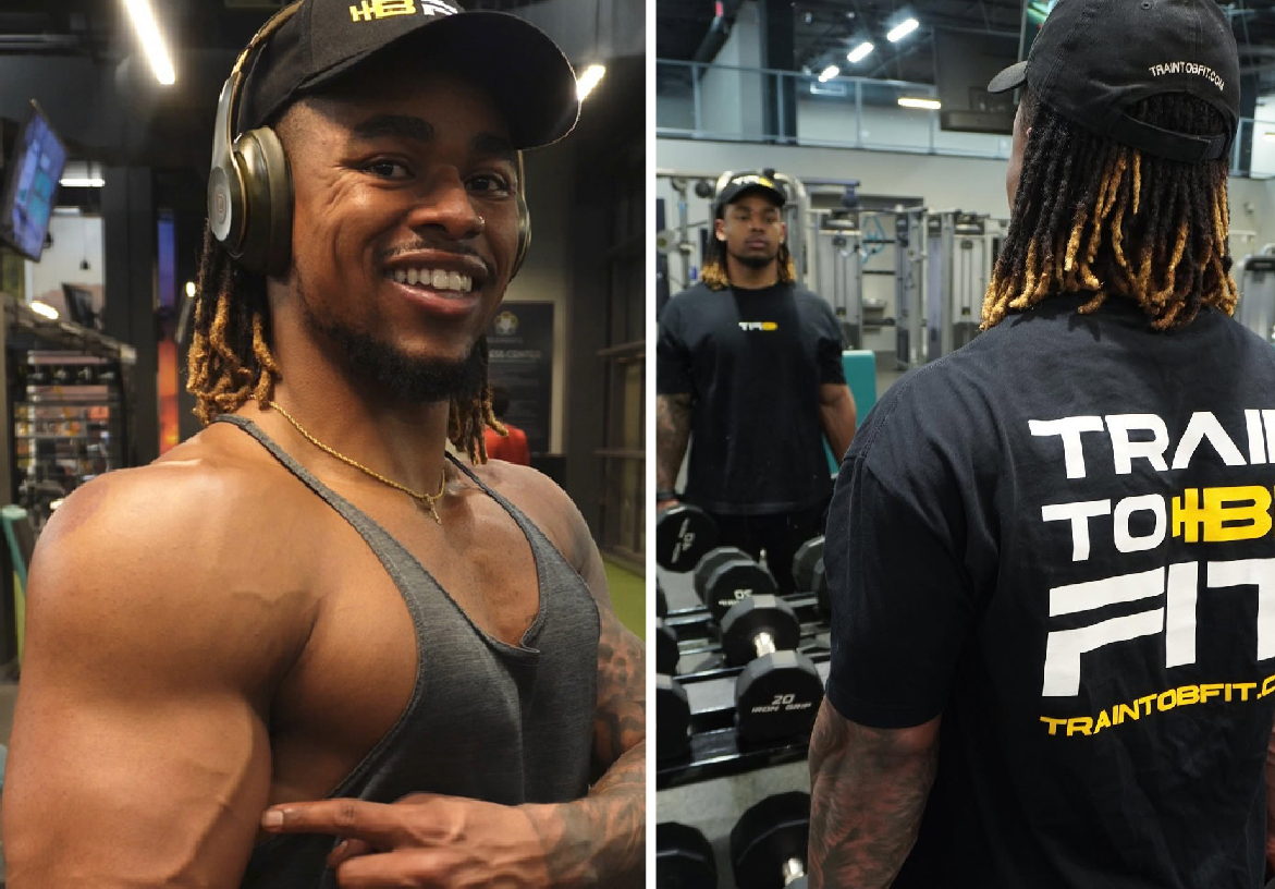 Elite trainer Bryce Williams in the gym wearing a branded B-FIT t-shirt with the slogan 'Train To B-Fit'.