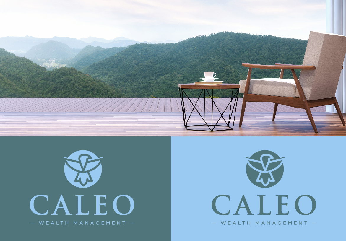 Brand identity showcase for Caleo Wealth Management, featuring the bird icon logo on calming slate blue and sky blue backgrounds alongside a scenic lifestyle image.