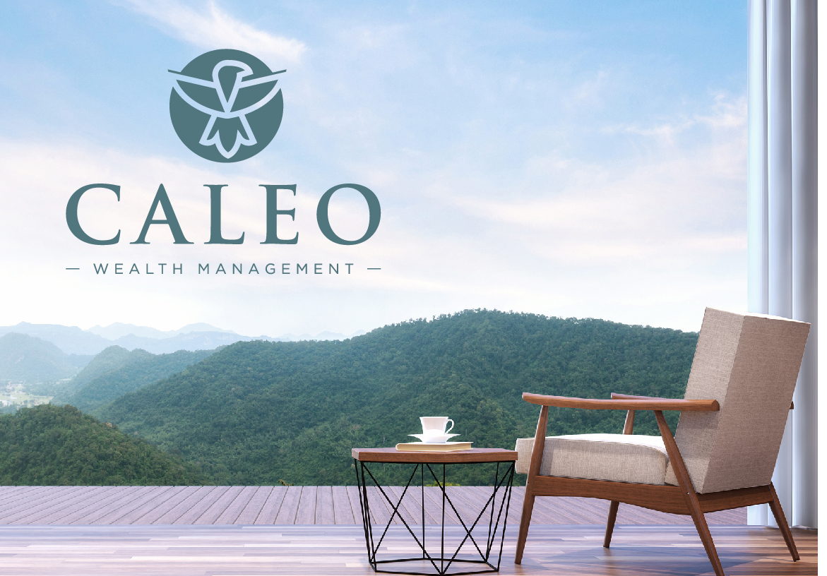 Caleo Wealth Management branding overlaid on a peaceful mountain terrace scene with a lounge chair, evoking a sense of secure and relaxing retirement.