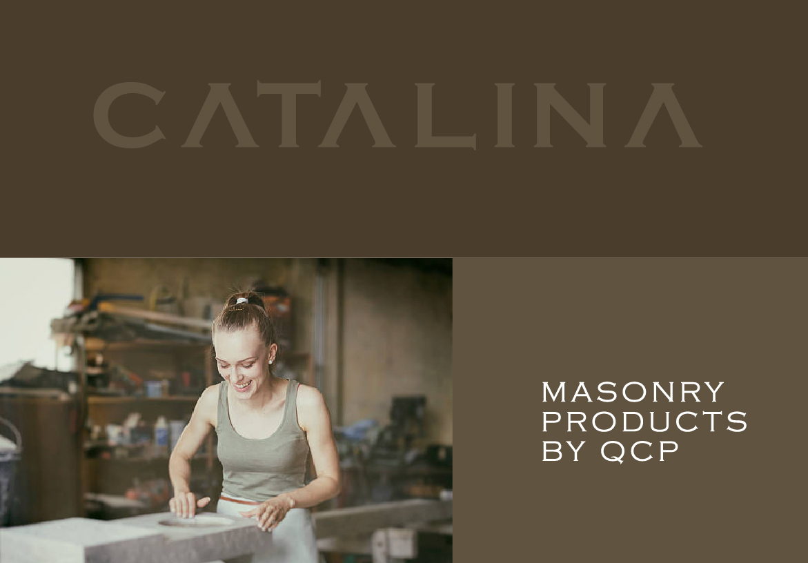 Brand identity collage for Catalina Masonry Products, showcasing the logo on a rich brown background and the human element of craftsmanship.
