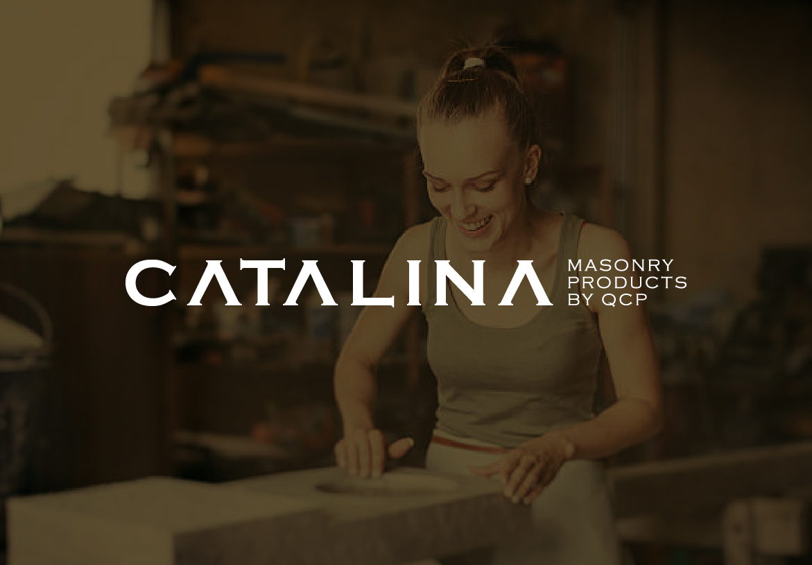 White Catalina Masonry Products logo overlaid on a warm, artisanal workshop scene showing a craftsperson finishing precast concrete.