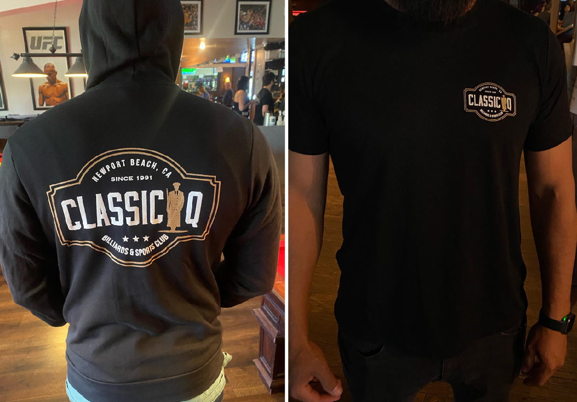 Black zip-up hoodies featuring the Classic Q logo on the back, showcasing the branded merchandise available at the Newport Beach sports bar.