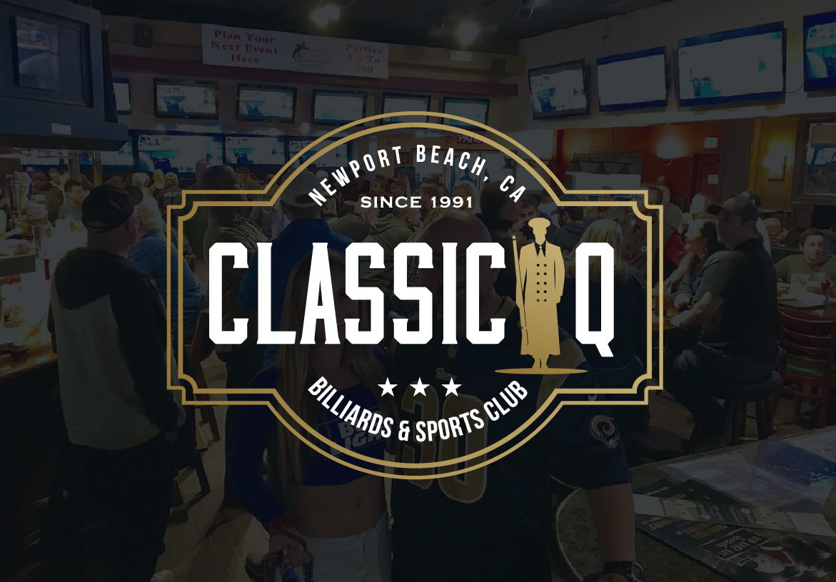 Classic Q Billiards & Sports Club logo in gold and black, overlaid on a photo of a lively sports bar atmosphere in Newport Beach.
