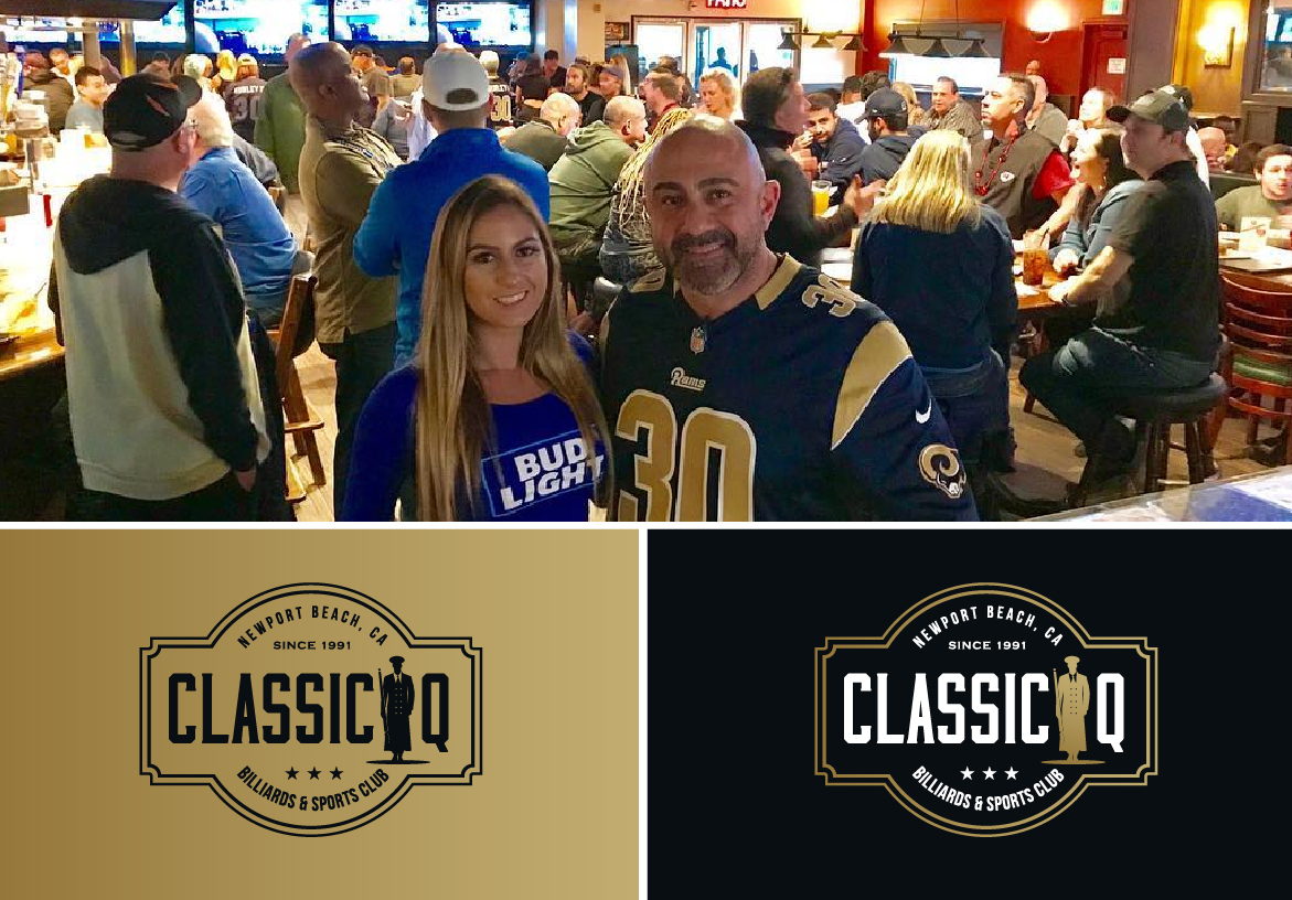 Branding collage showing happy patrons watching sports at Classic Q, paired with the official logo displayed on both gold and black backgrounds.
