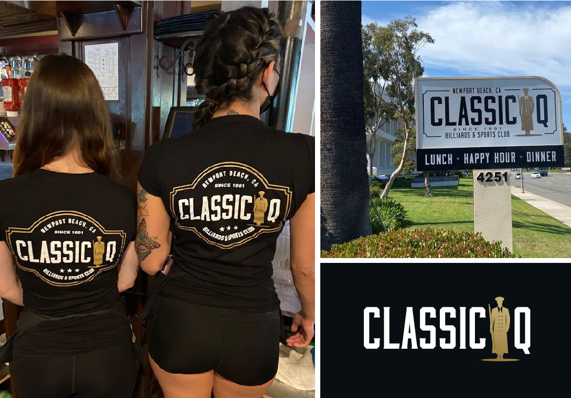 Classic Q staff members wearing branded black t-shirts, displayed next to the outdoor street signage for the billiards and sports club in Newport Beach.