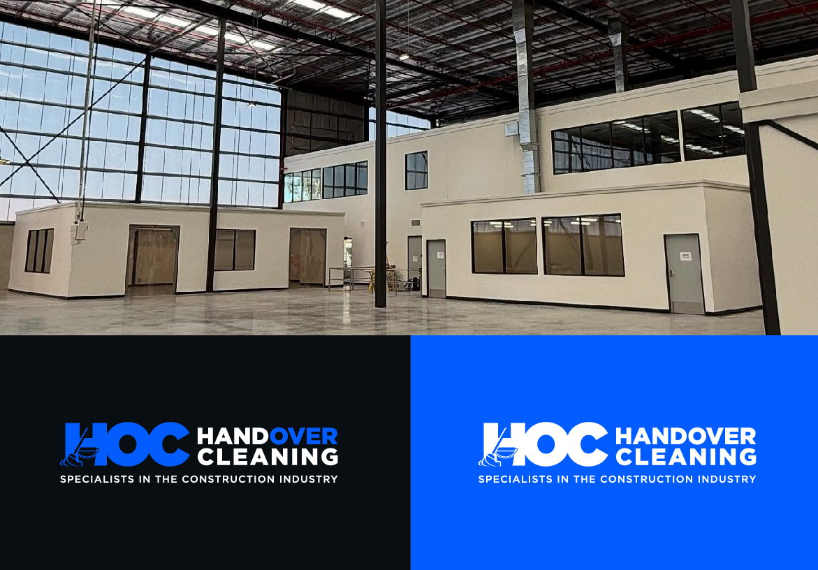 Spacious industrial warehouse interior showcasing a finished builders clean, paired with the HOC Handover Cleaning brand identity blocks.