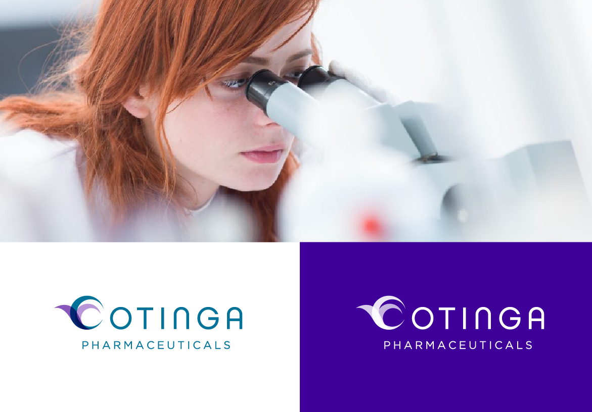 Brand identity collage for Cotinga Pharmaceuticals showing a researcher at work, paired with logo variations of the stylized bird icon on white and purple backgrounds.