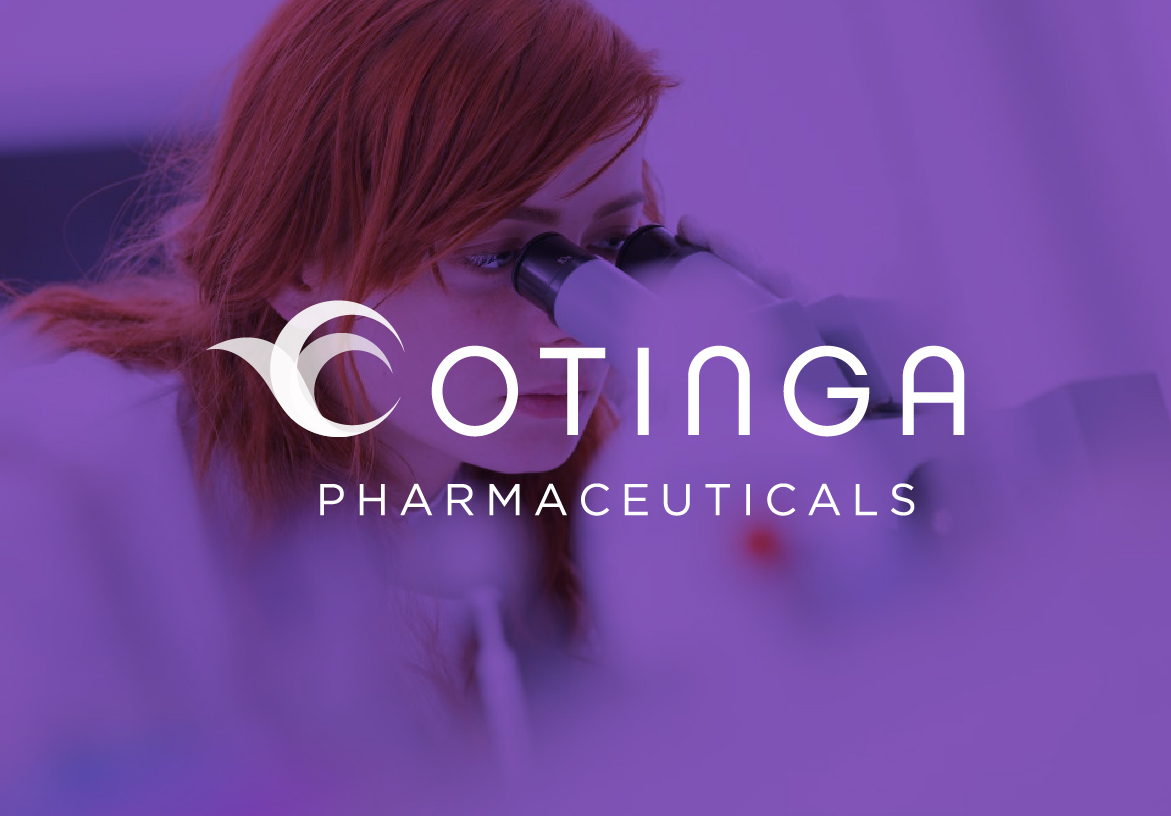 Cotinga Pharmaceuticals logo in white, featuring the bird-inspired icon, displayed over a purple-tinted image of a researcher using a microscope.