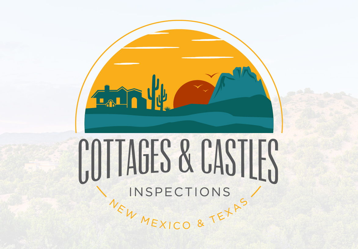 Official illustrative logo for Cottages & Castles Inspections, featuring a Southwest sunset, saguaro cactus, and home silhouette in teal and orange.