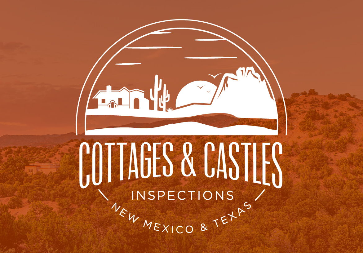 White badge logo for Cottages & Castles Inspections overlaid on a rugged terracotta desert landscape, representing home inspection services in the Southwest.