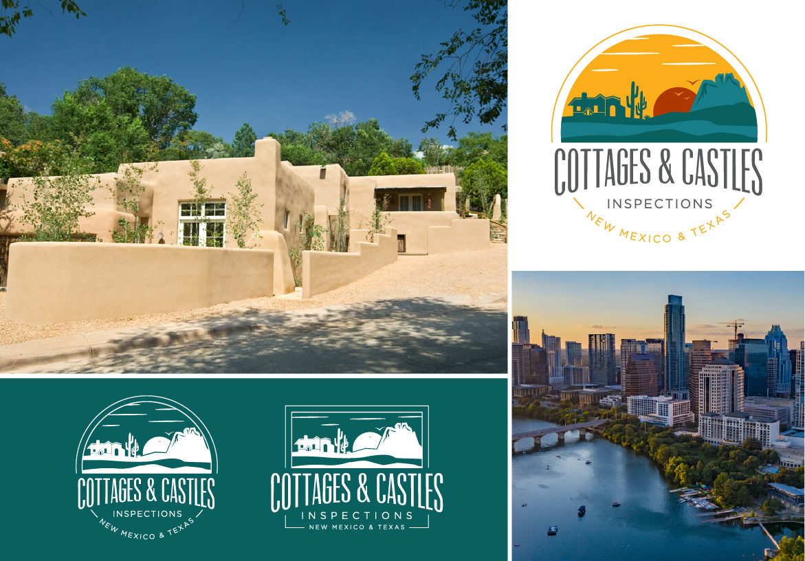 Brand identity collage showing adobe architecture and city skylines, representing the diverse residential and commercial properties inspected by Cottages & Castles.