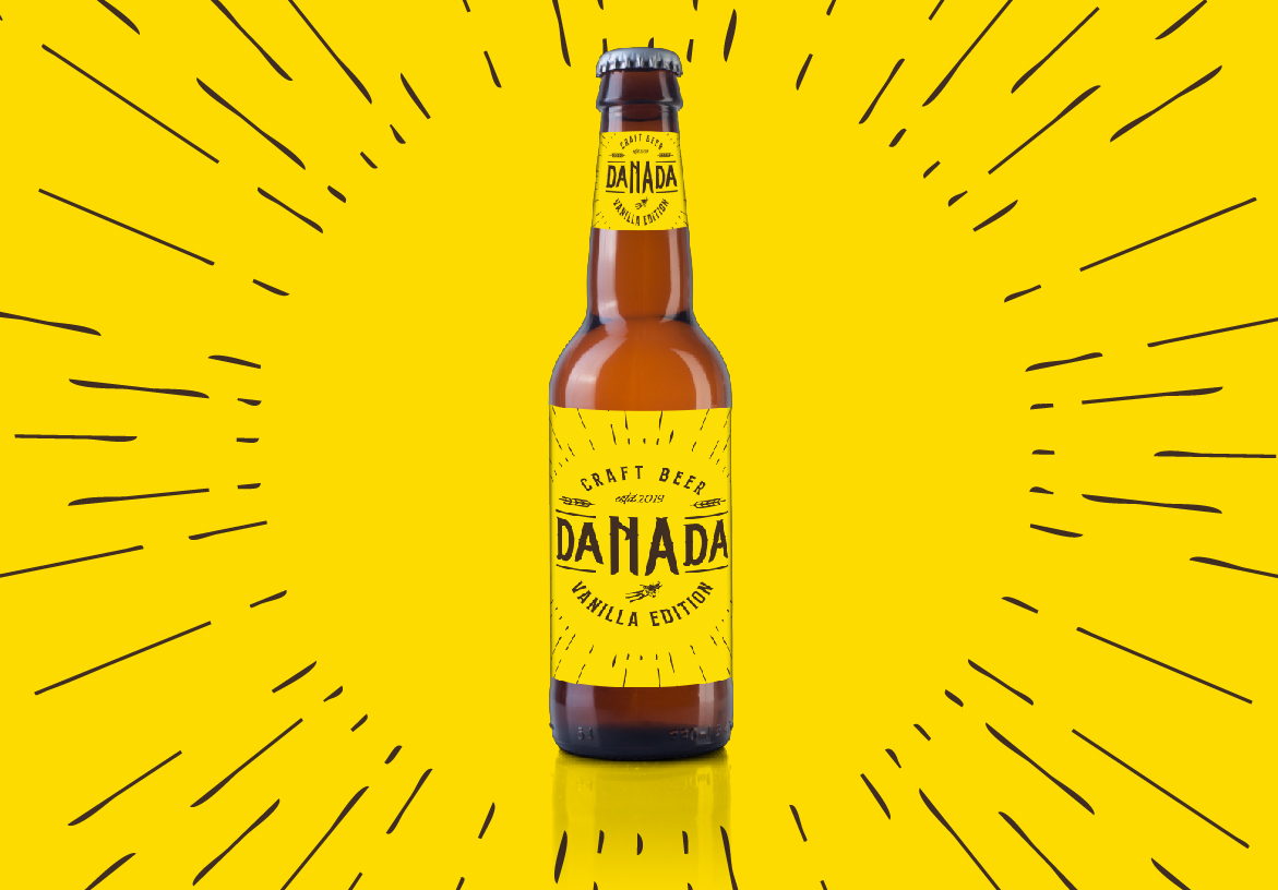 Product mockup of a Danada Vanilla Edition craft beer bottle, centered against a vibrant yellow background with radiating sunburst lines to highlight the flavor profile.