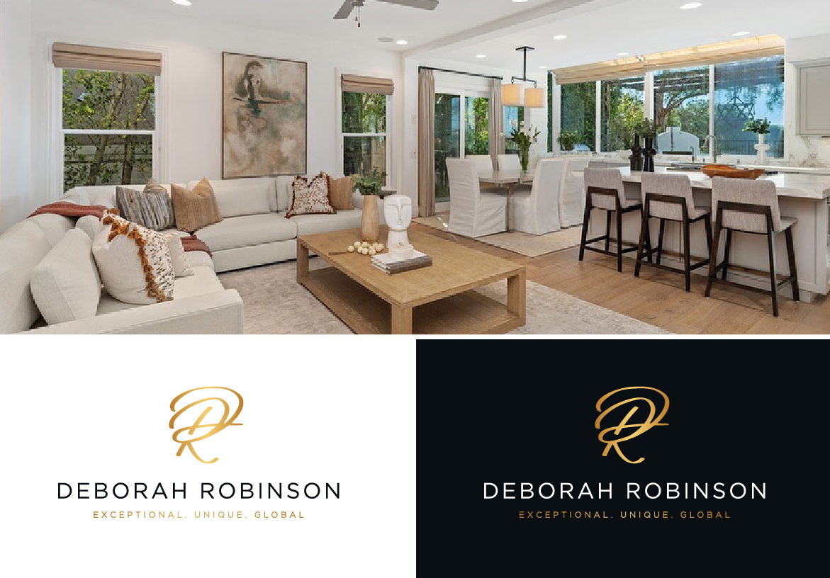 Branding presentation for Deborah Robinson, showing the golden 'DR' monogram logo in various applications (light and dark backgrounds) alongside elegant interior photos of luxury real estate properties.