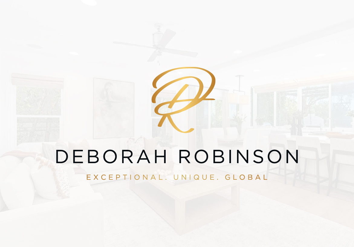 Deborah Robinson luxury real estate logo, featuring the golden 'DR' monogram above her full name and tagline 'Exceptional. Unique. Global.' on a bright, subtle background.