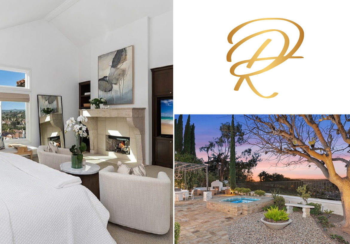 Visual identity collage for Deborah Robinson luxury real estate, featuring the golden 'DR' monogram logo, upscale interior and exterior property photos, and a serene pool at sunset.