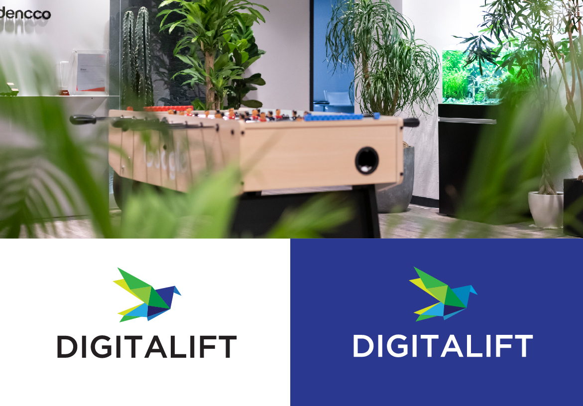 Digitalift office environment in Nishiazabu featuring a recreational foosball table, paired with the company's official blue and white logo branding.