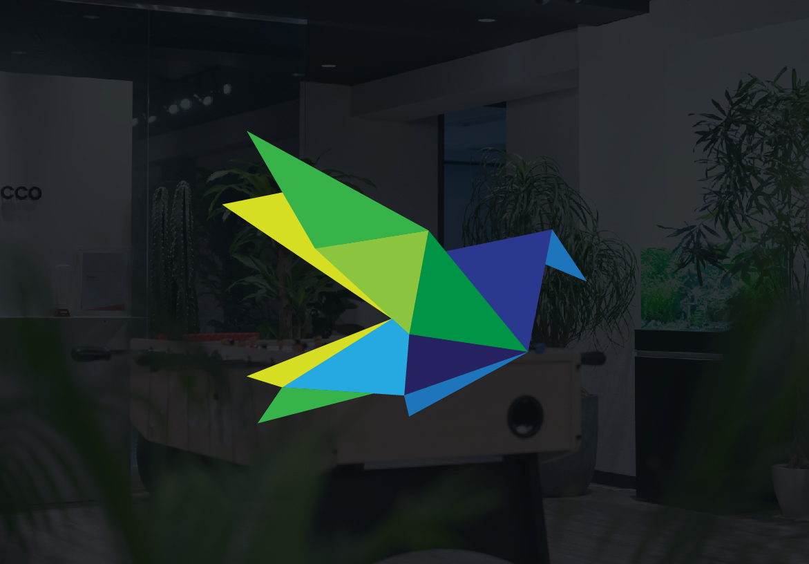 Geometric origami bird logo for Digitalift overlaid on a modern office background in Tokyo, representing agile digital marketing solutions.